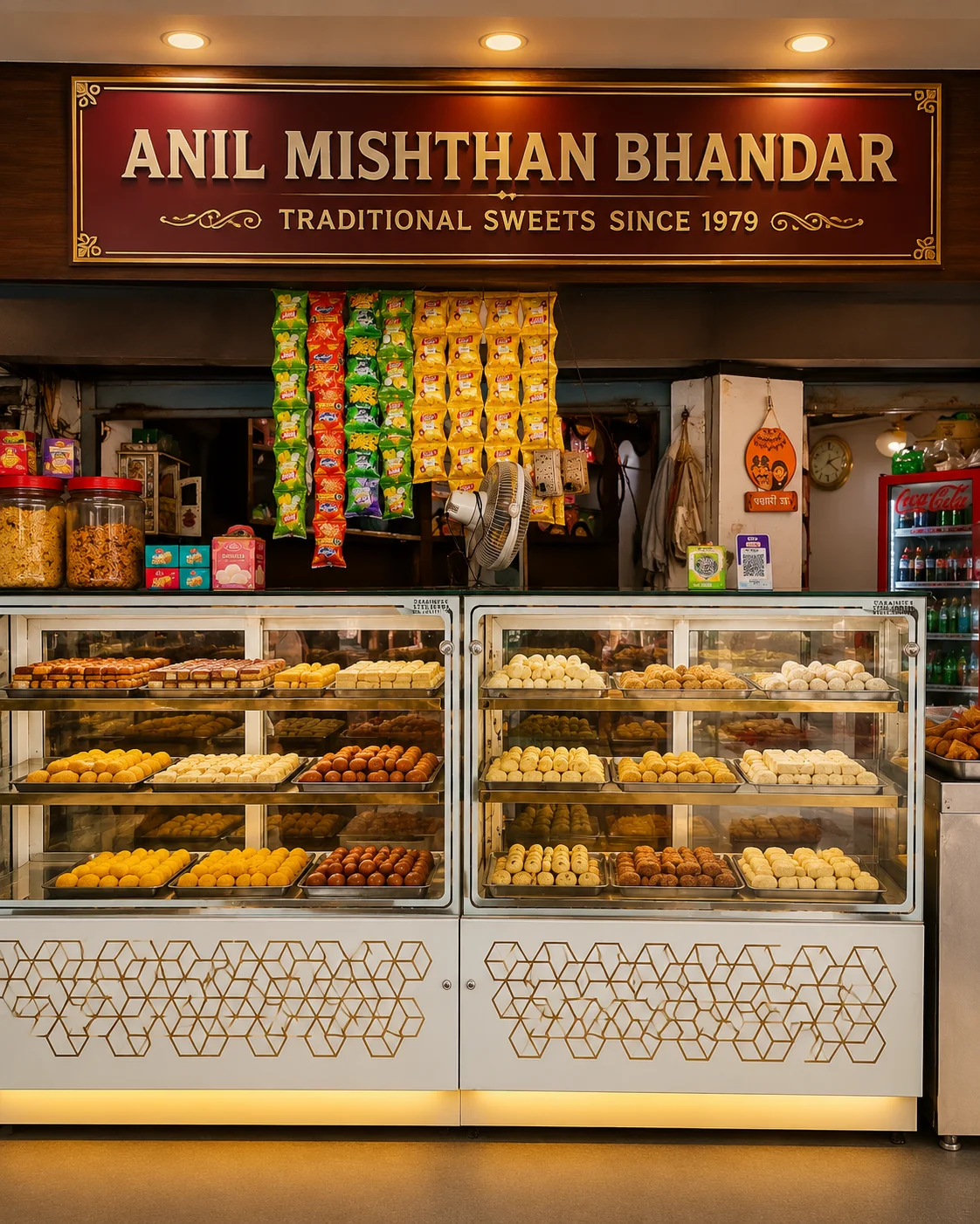 Anil Mishthan Bhandar shop interior — traditional mithai display counter with handcrafted sweets